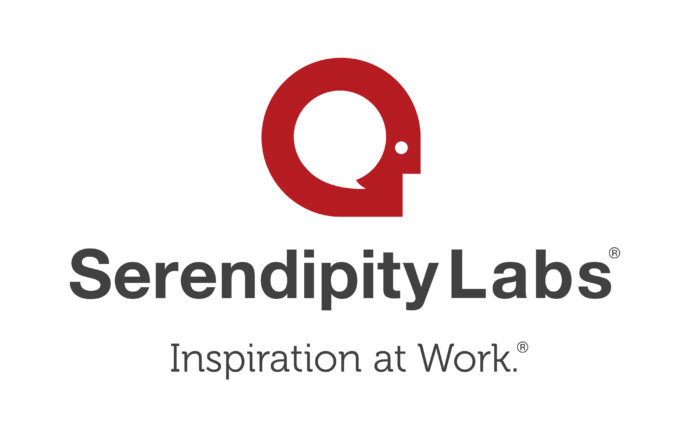 Serendipity Labs logo with a red abstract symbol above the company name in gray text, and the tagline Inspiration at Work. below on a white background.