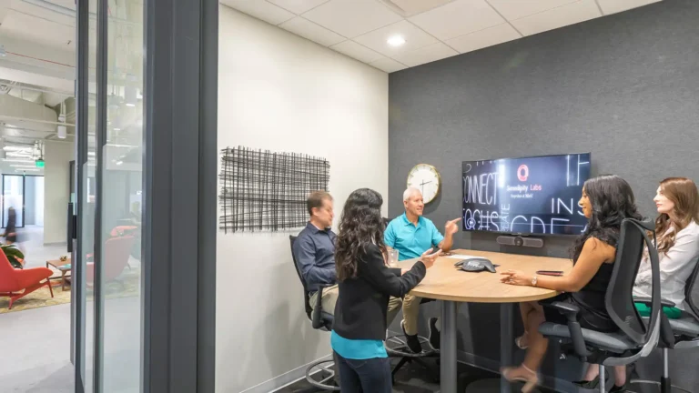 Meeting taking place in a Visual Studio with 5 members. Downtown Orlando Private Office & Coworking Space