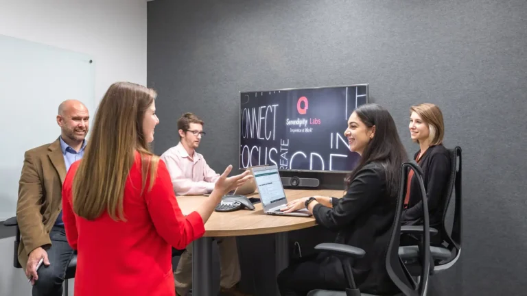 Meeting in the Visual Studio with five members. Downtown White Plains Private Office & Coworking Space, NY