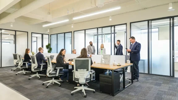 Members conversing in open cafe and Coworking area.