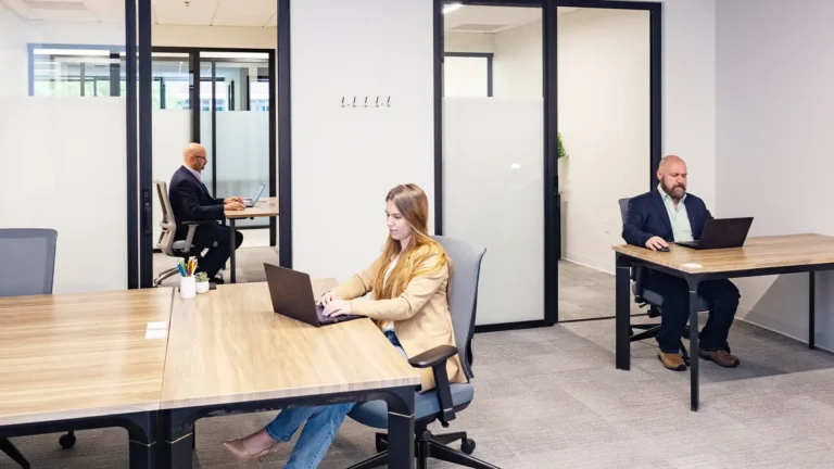 Three people work on laptops at separate desks in a modern Serendipity Labs coworking space with glass walls and minimal decor, creating a professional and quiet work environment.