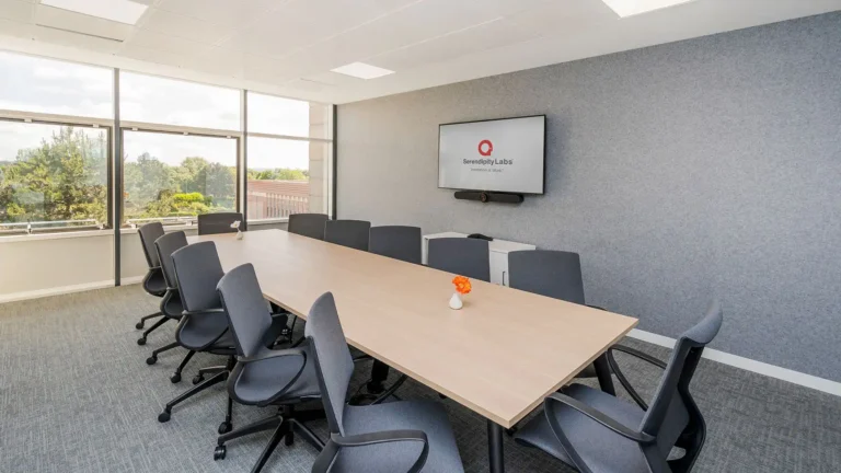 A modern conference room in Serendipity Labs coworking features a long wooden table, ten gray office chairs, a wall-mounted screen, large windows with outdoor views, and a vase with orange flowers—ideal for offices and meeting rooms.