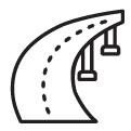 A simple black line icon of a curved elevated road or bridge with dashed lane markings and two supporting columns, ideal for representing smooth connections to offices and meeting rooms.