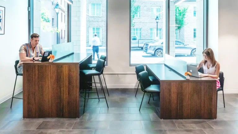 Two people sit at separate wooden desks with laptops in a bright, modern office space by Serendipity Labs Coworking. Large windows show buildings and a passerby outside. The desks have chairs and small orange plants, perfect for offices and meeting rooms.