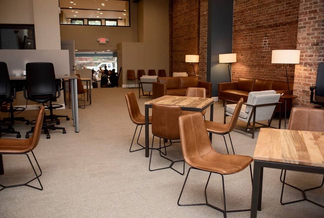 Open Coworking area with high and low seating.