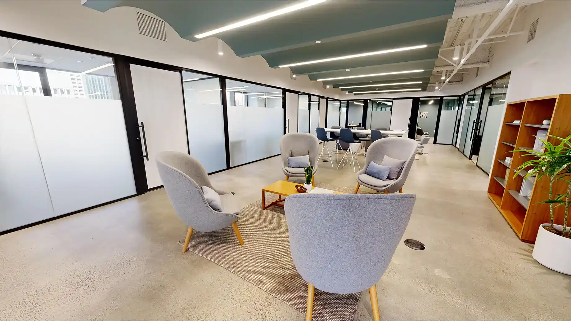 Modern office space with gray lounge chairs around a small table, bookshelves, a potted plant, and glass-walled offices and meeting rooms in the background. The area is well-lit with overhead lighting at Serendipity Labs coworking.